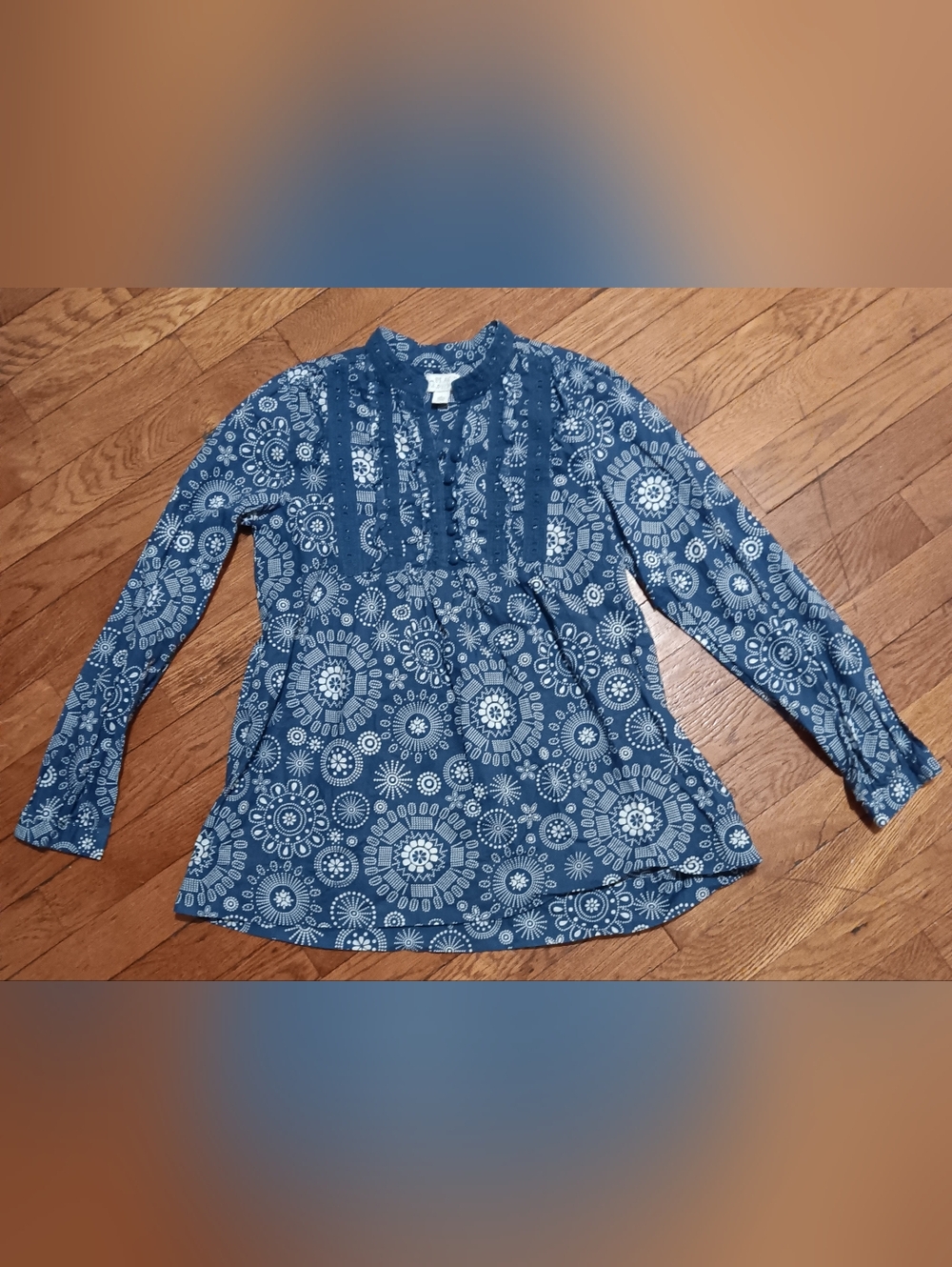 1989 Place Blue Floral Medallion Long-Sleeve Peasant Top